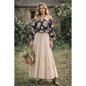 TOBI Off Shoulder Peasant Blouse Floral Bell Sleeve Boho Festival Top S